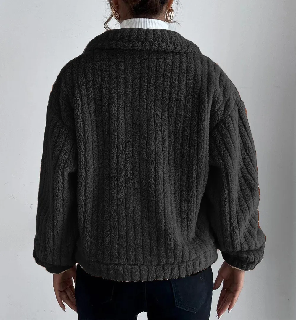 SHORT JACKET LAPEL ZIPPER WINTER COAT WARM PLUSH FLEECE ZIPPER CASUAL COAT TOP WITH POCKET
