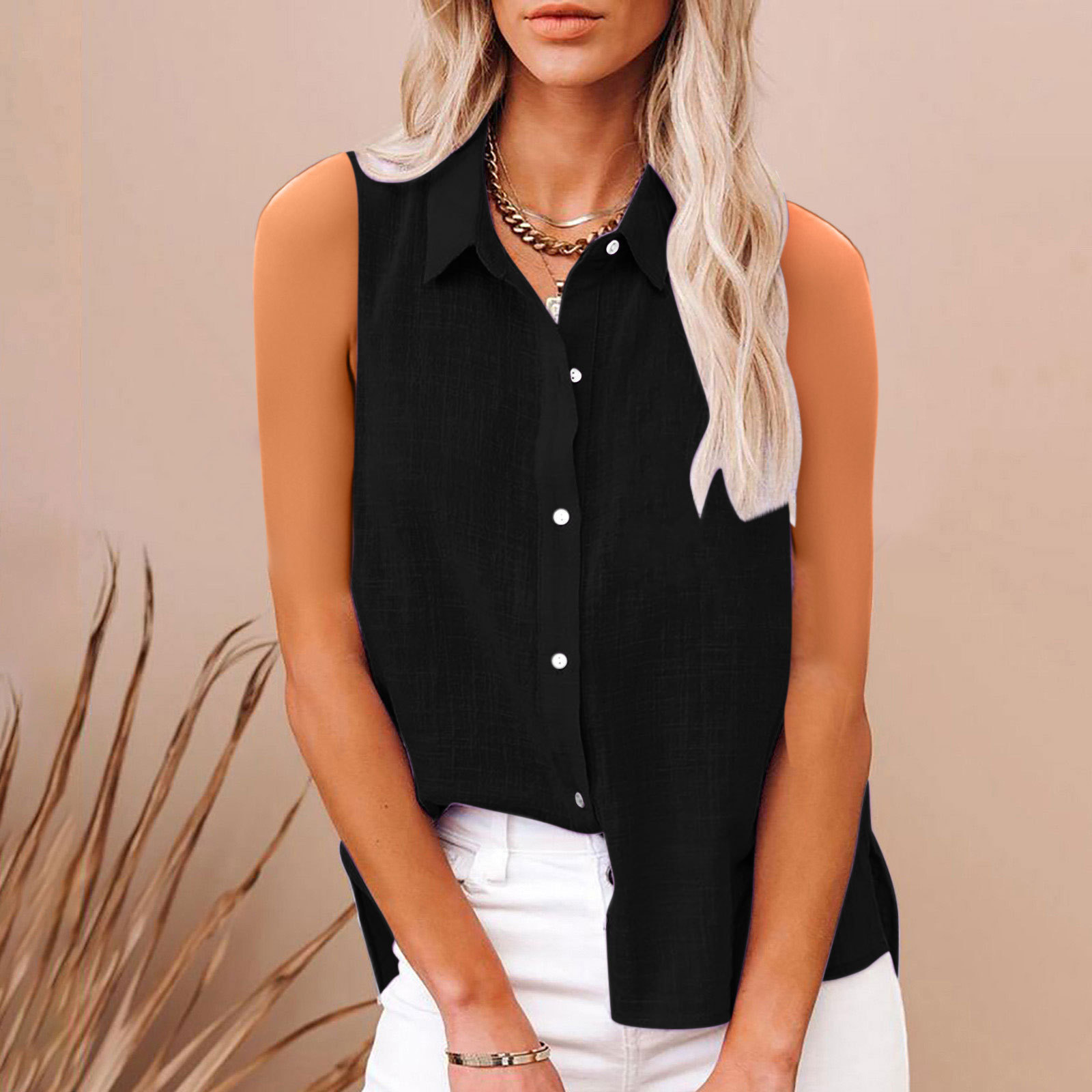 Cotton and Linen Button-Down Sleeveless Shirt