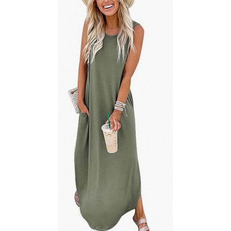 A Plain-Colored Long Dress With A Round Neck And No Sleeves