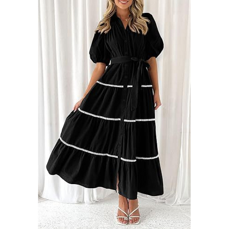 Puff Sleeve Lace Layered Pleated Dress