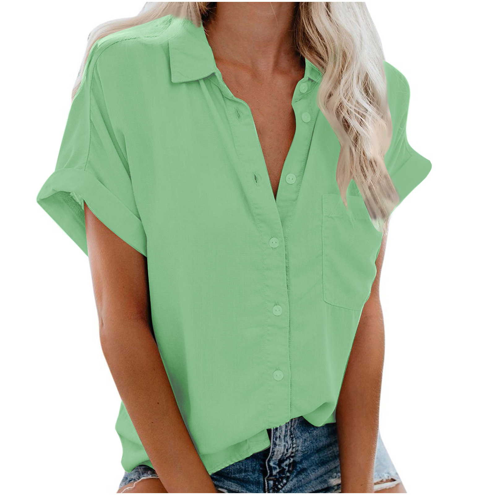 Cross-Border Exclusive For 2019 Summer Women'S Clothing Ebay Amazon Hot Short-Sleeved Women'S Lapel Button-Up Shirt Top 1918