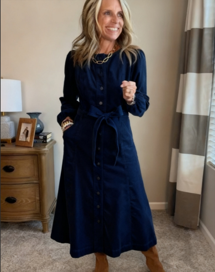 2025Loose-fitting casual round neck corduroy belted pocket cardigan dress for women