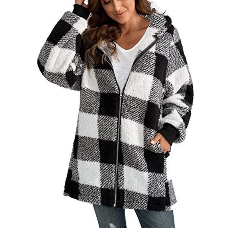 Fleece plaid hooded zipper coat with pockets