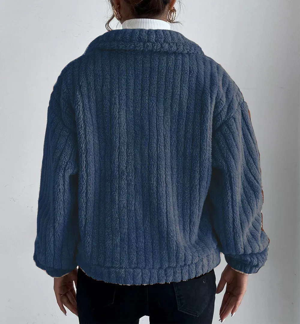 SHORT JACKET LAPEL ZIPPER WINTER COAT WARM PLUSH FLEECE ZIPPER CASUAL COAT TOP WITH POCKET