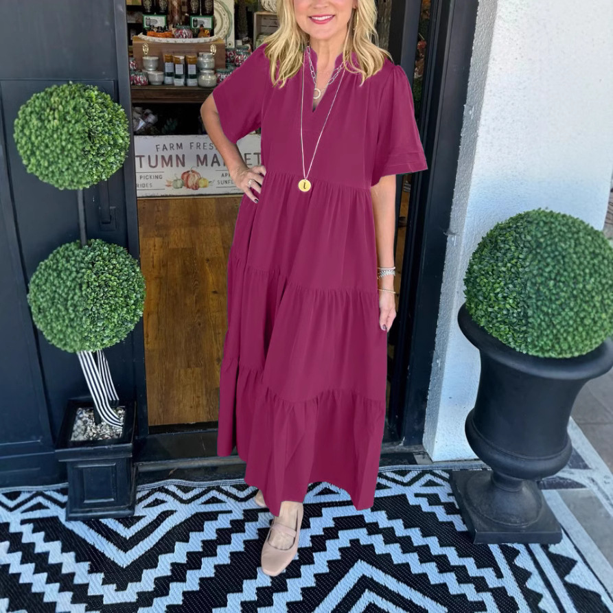 Women‘s Loose V-Neck Layered Pocket Dress