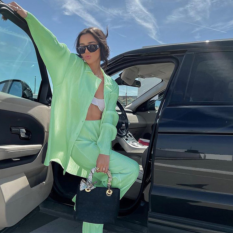 Loose ice silk smooth pleated casual two-piece suit