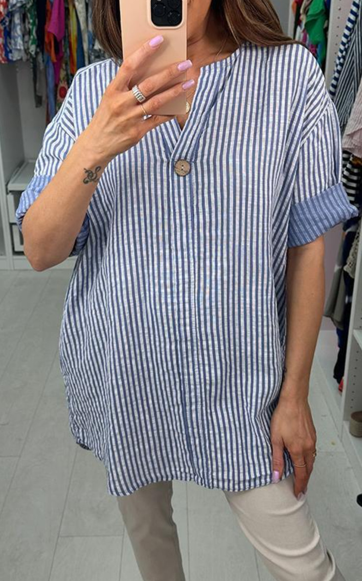 Casual Button Striped V-Neck Solid Color Shirt