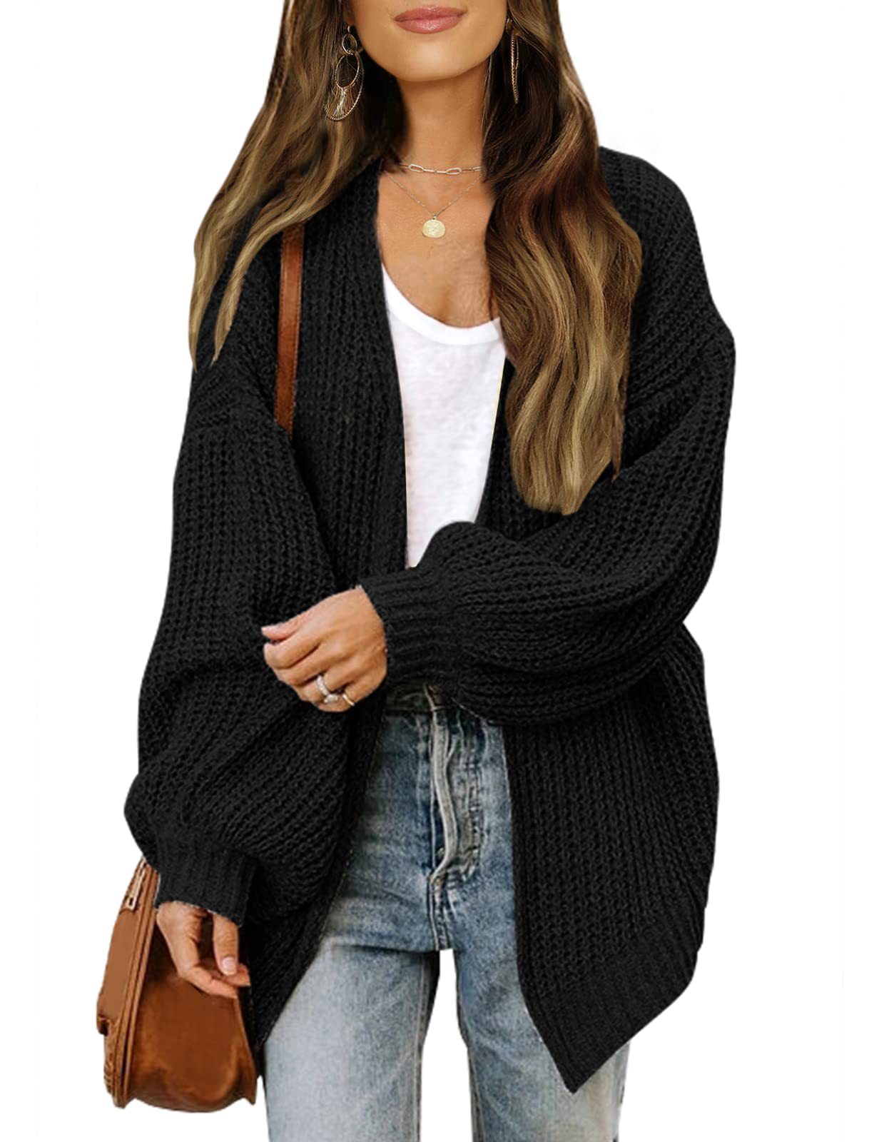 Women's lantern sleeve chunky knitted pocket sweater coat