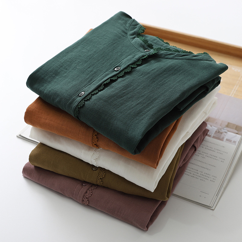 Double Cotton Stand Collar Lace Shirt