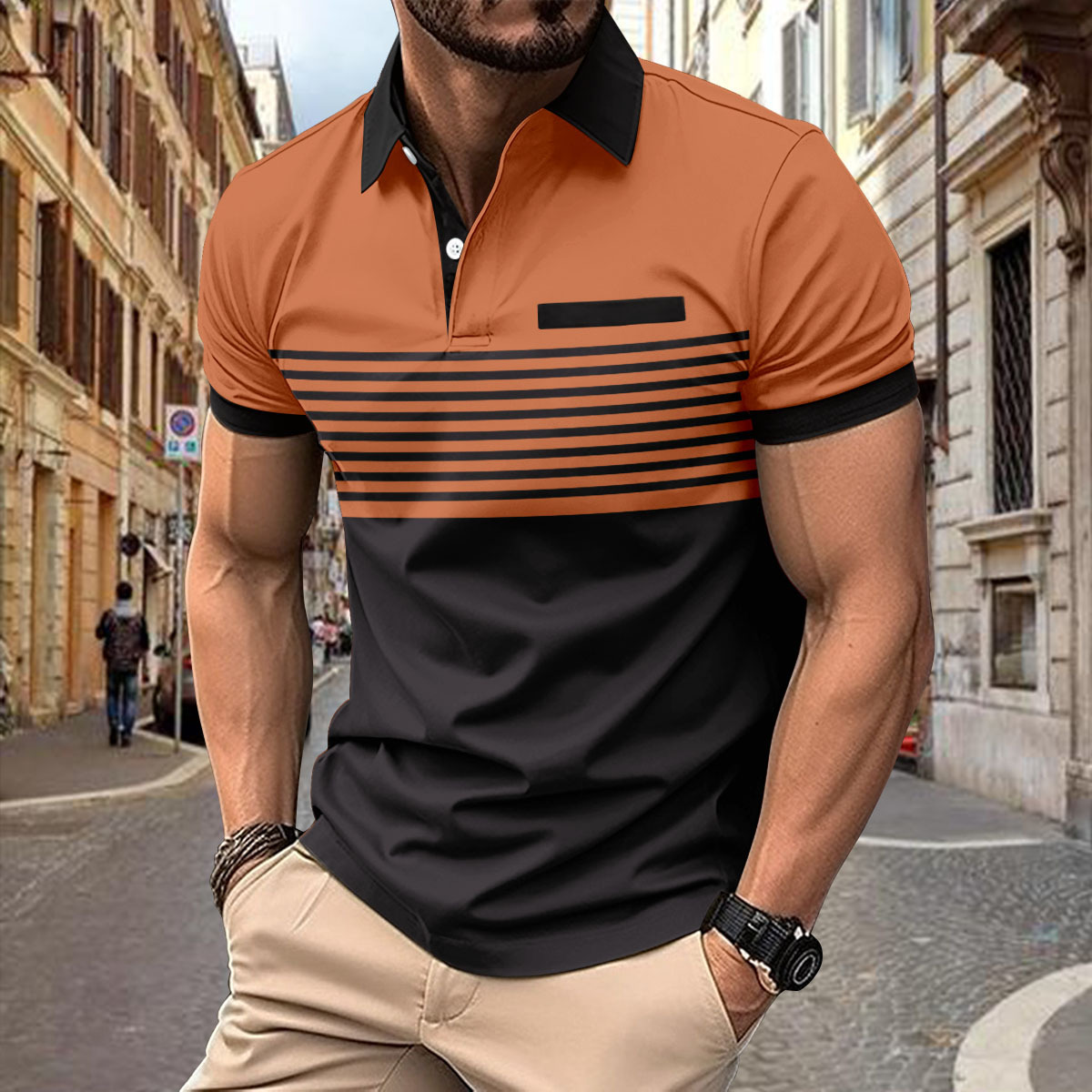 2025 V-neck striped patchwork POLO shirt