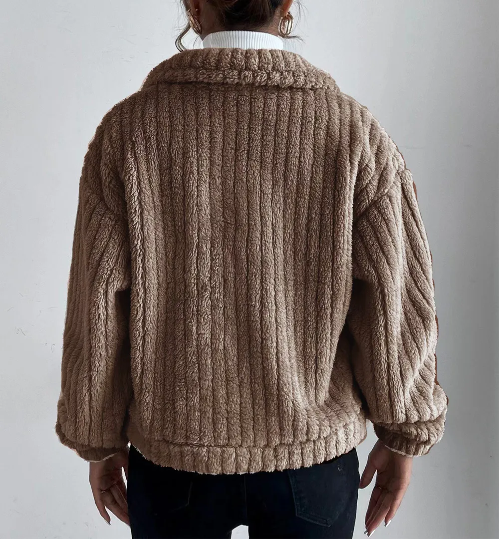 SHORT JACKET LAPEL ZIPPER WINTER COAT WARM PLUSH FLEECE ZIPPER CASUAL COAT TOP WITH POCKET