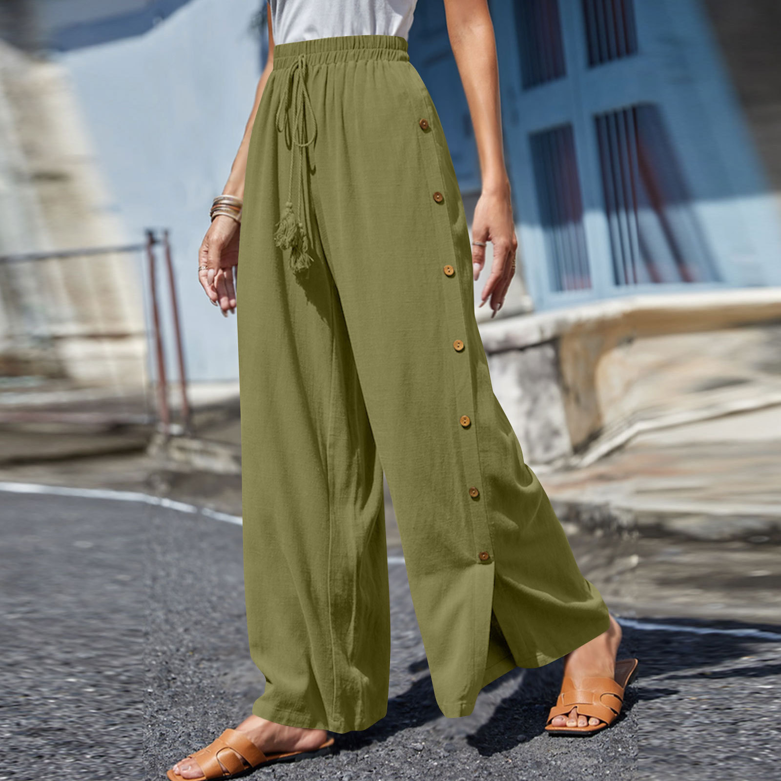 Solid color elastic-waist lace-up baggy wide-leg pants
