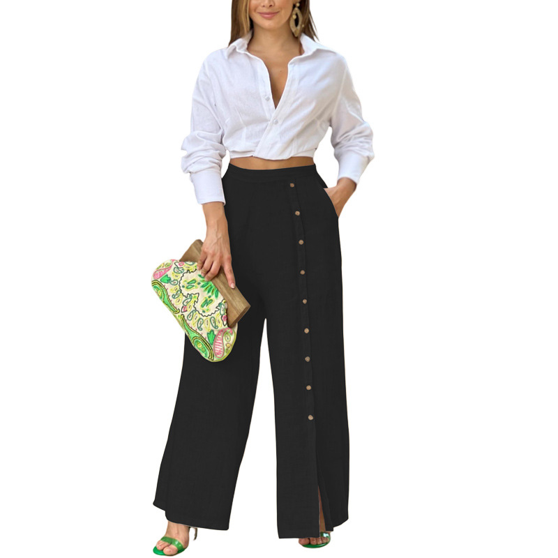 Women's Summer Casual Linen Wide Leg Buttoned Pants