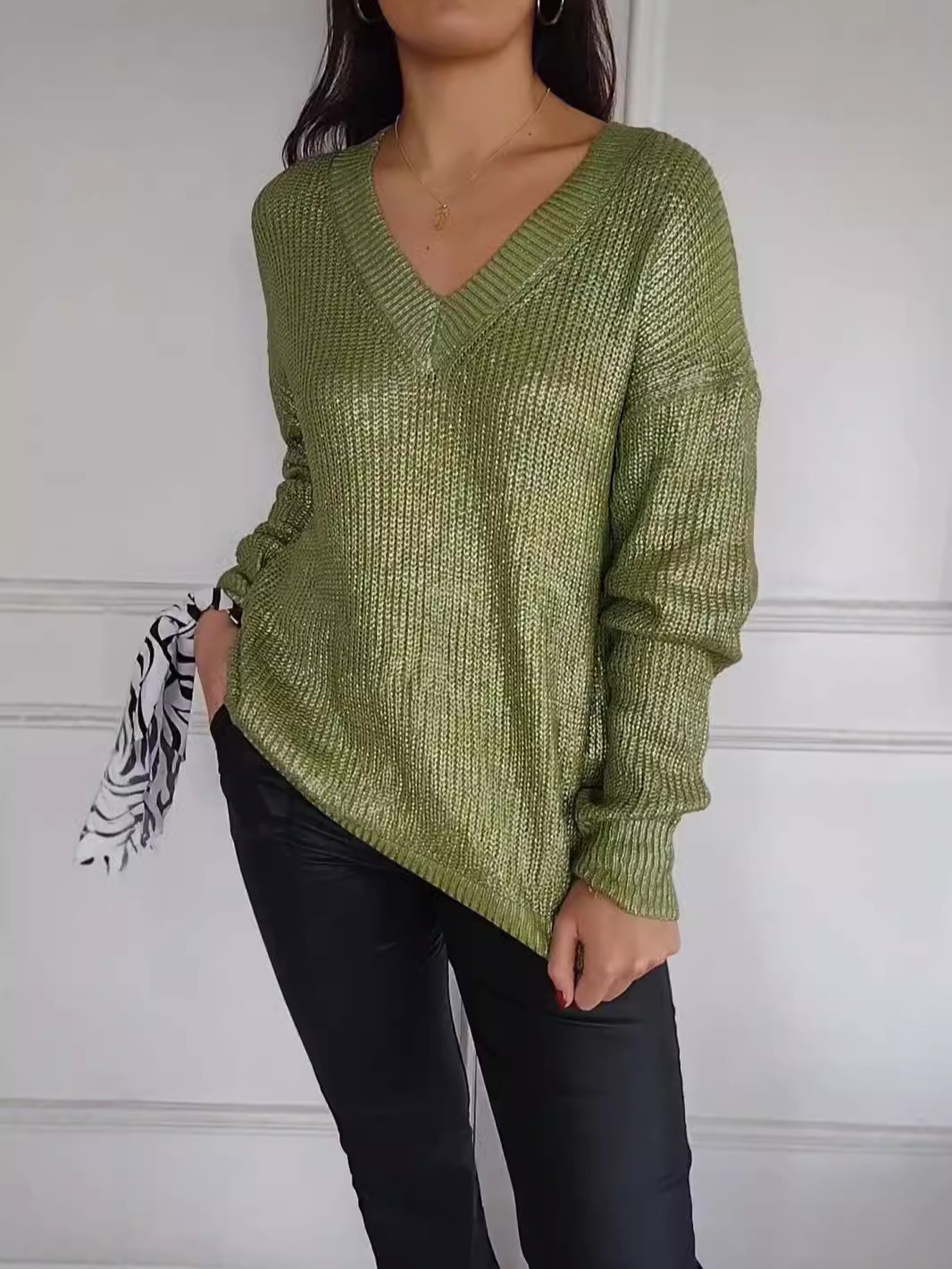 Women's knitted V-neck casual mercerized pullover sweater