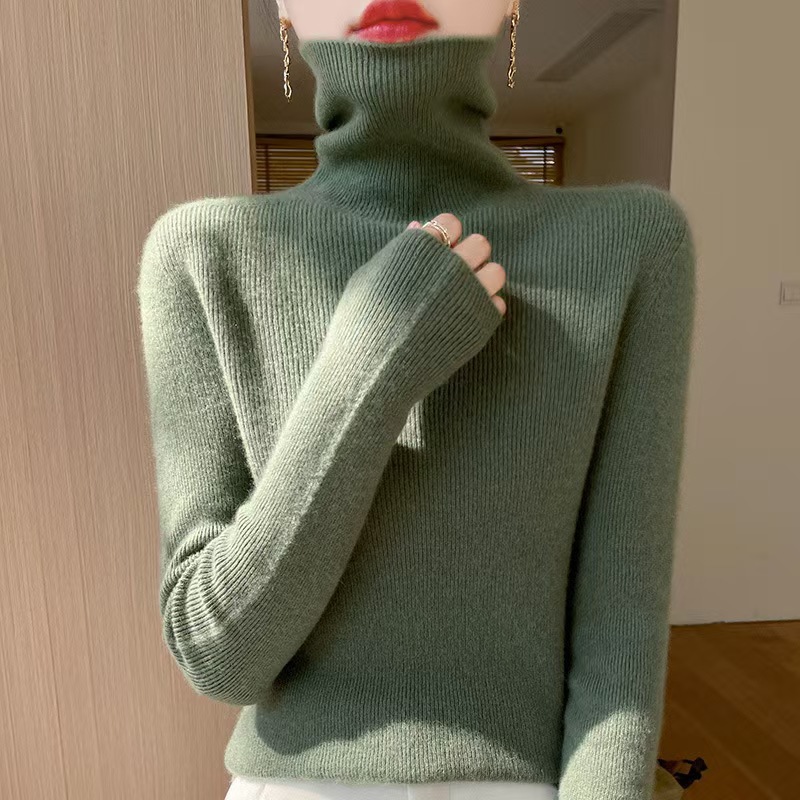 Ready-To-Wear Turtleneck Bottoming Shirt Seamless Striped Autumn And Winter One-Line Sweater New Pile Collar Women'S Sweater Slim Gray