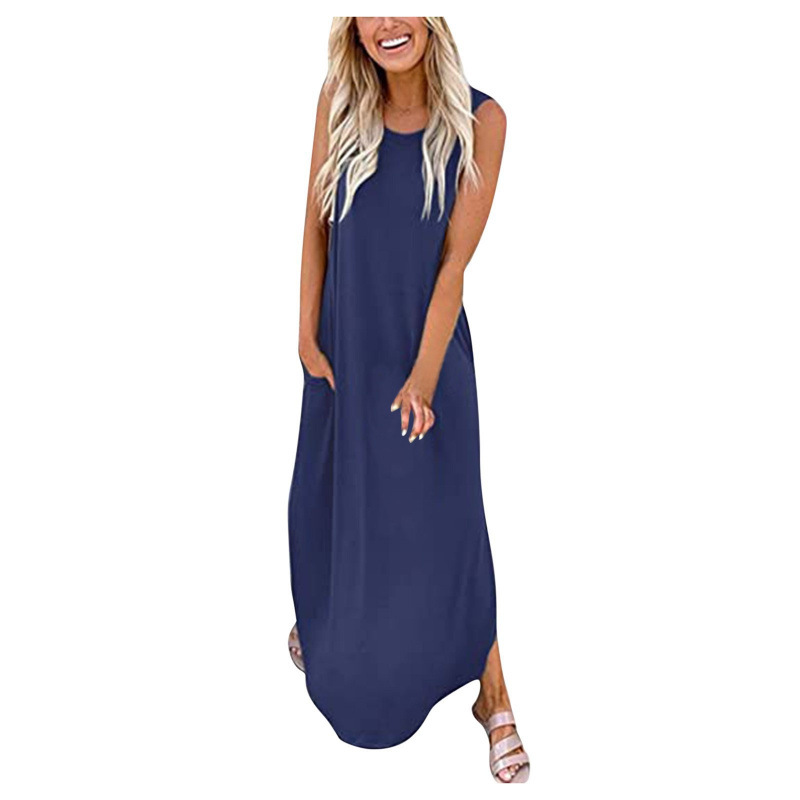 A Plain-Colored Long Dress With A Round Neck And No Sleeves