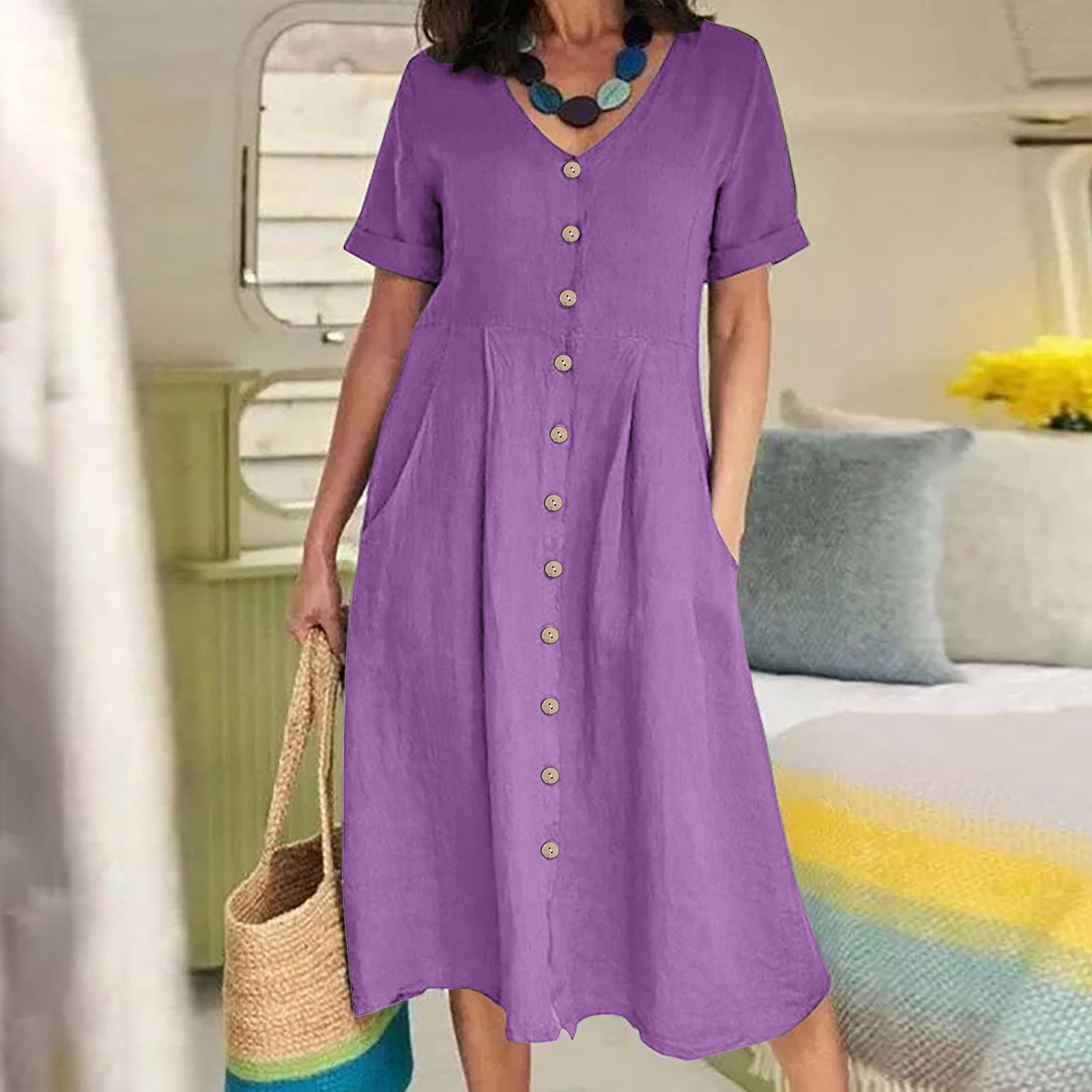 2025 New Loose Solid Color Cotton And Linen Dress