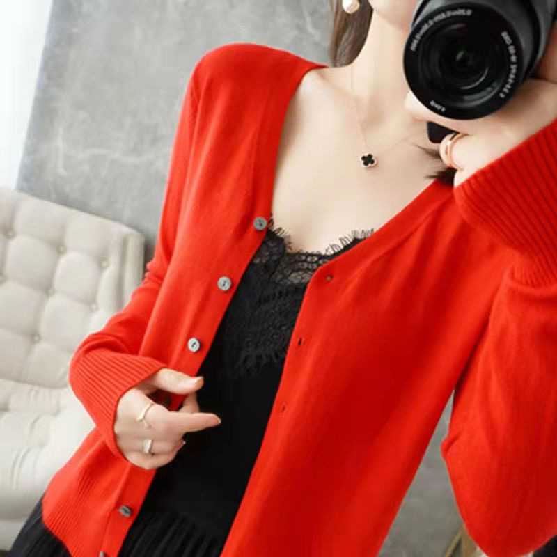 Women's Solid Color Long Sleeve Knitted  V-Neck Korean Style Cashmere Cardigan Jacket