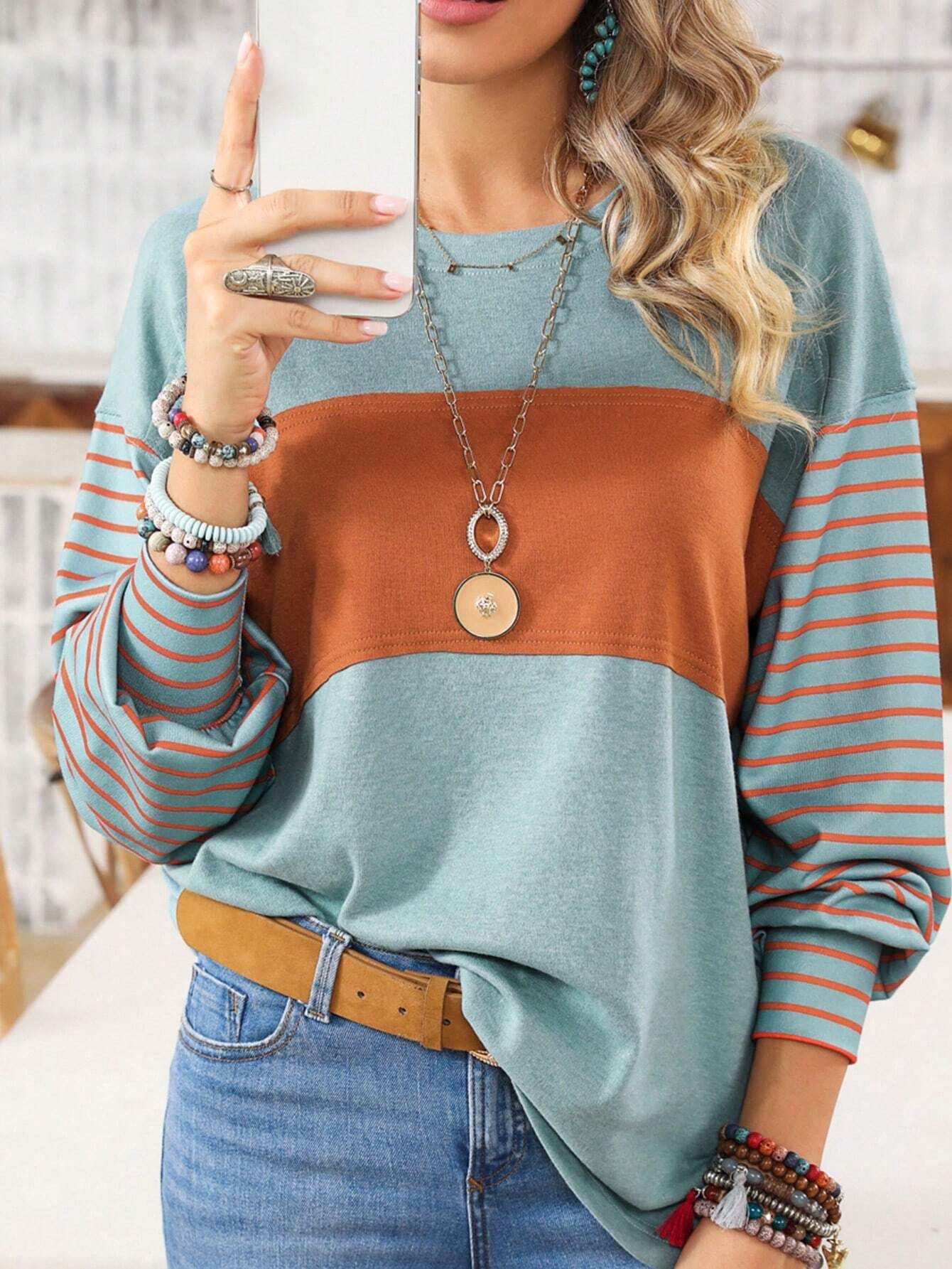 2024 New pullover round neck casual striped color long sleeve T-shirt