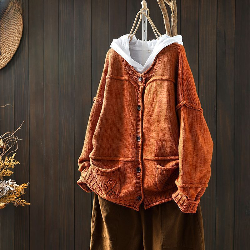 Casual Vintage Distressed Knitted Pocket Cardigan
