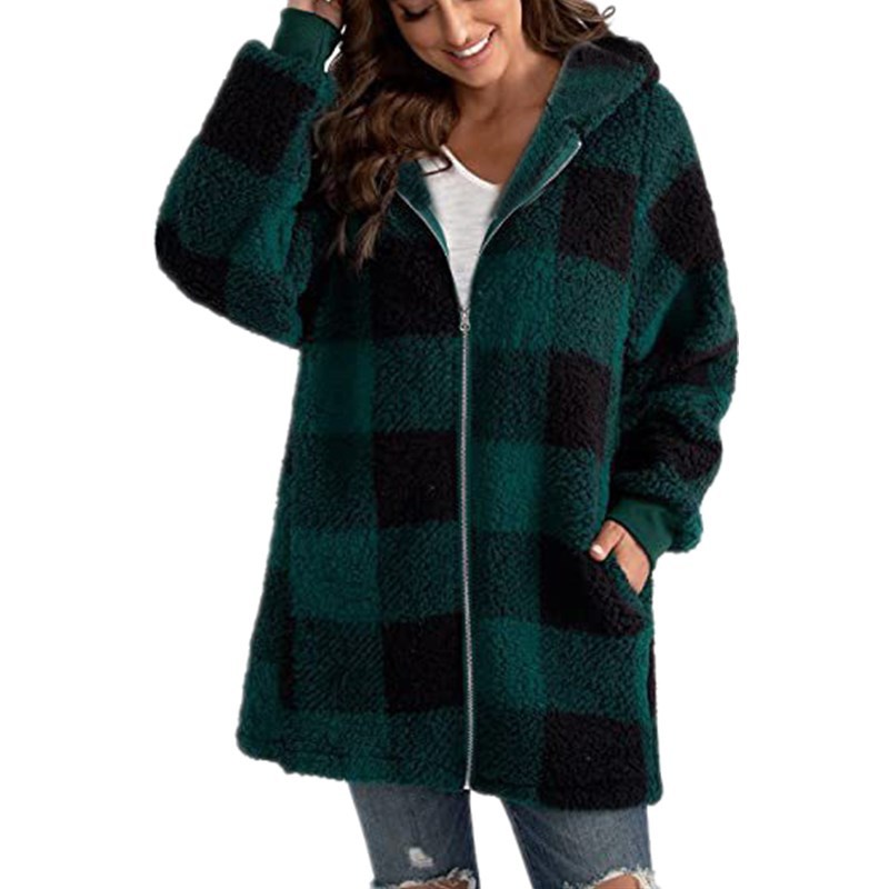 Fleece plaid hooded zipper coat with pockets