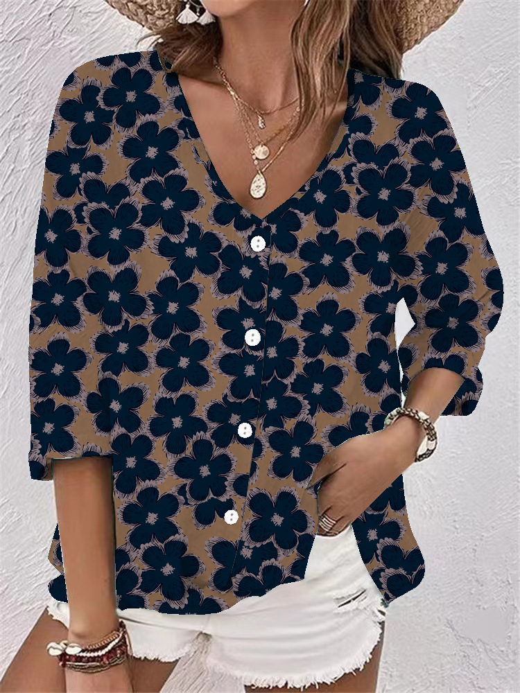 V-neck button-down chiffon printed long-sleeved cardigan