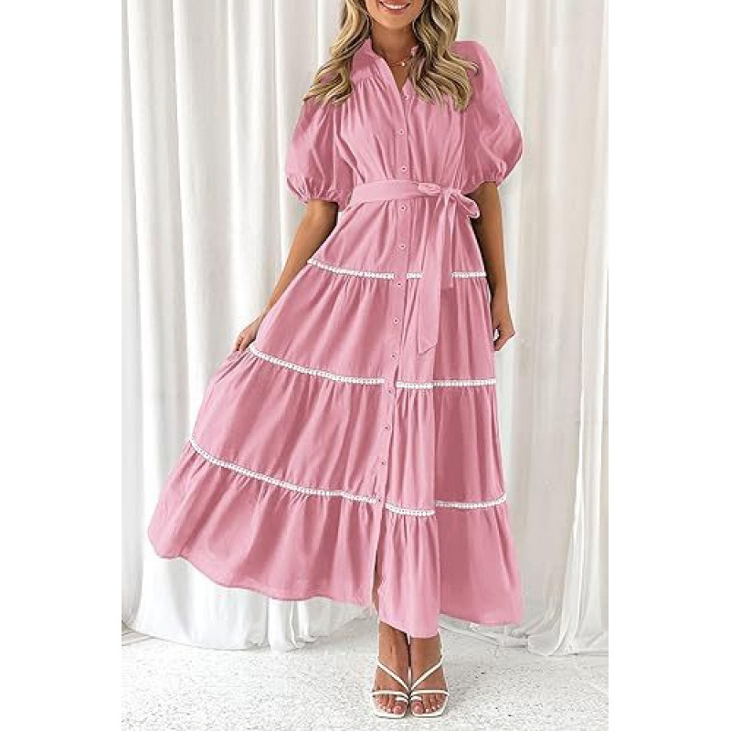 Puff Sleeve Lace Layered Pleated Dress