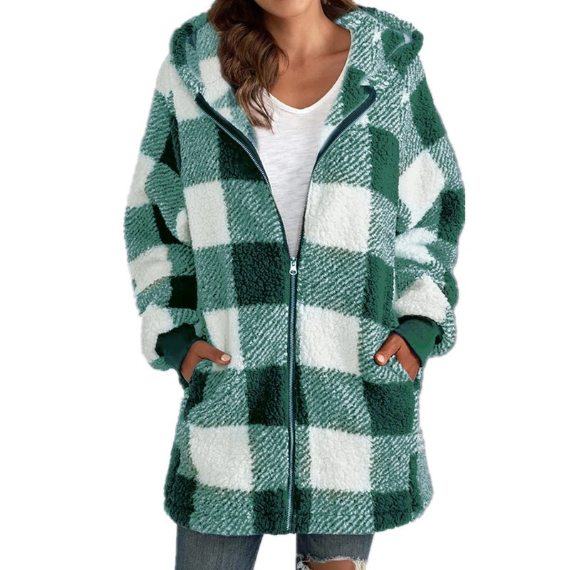 Fleece plaid hooded zipper coat with pockets