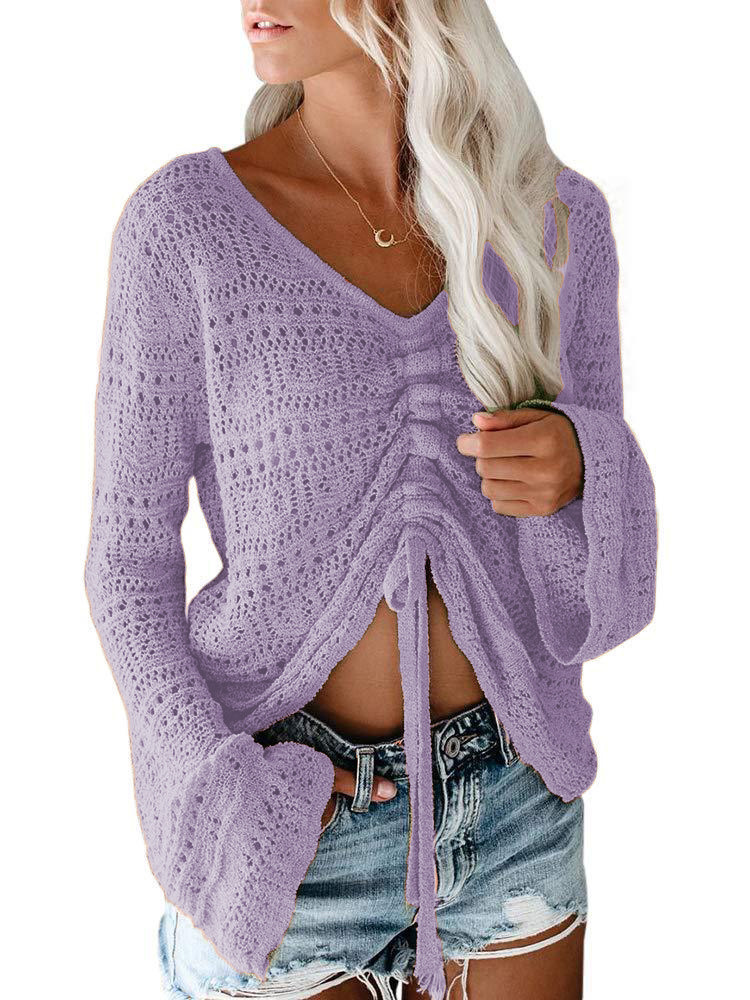 2024 Hollow-out flared sleeve drawstring knit sweater