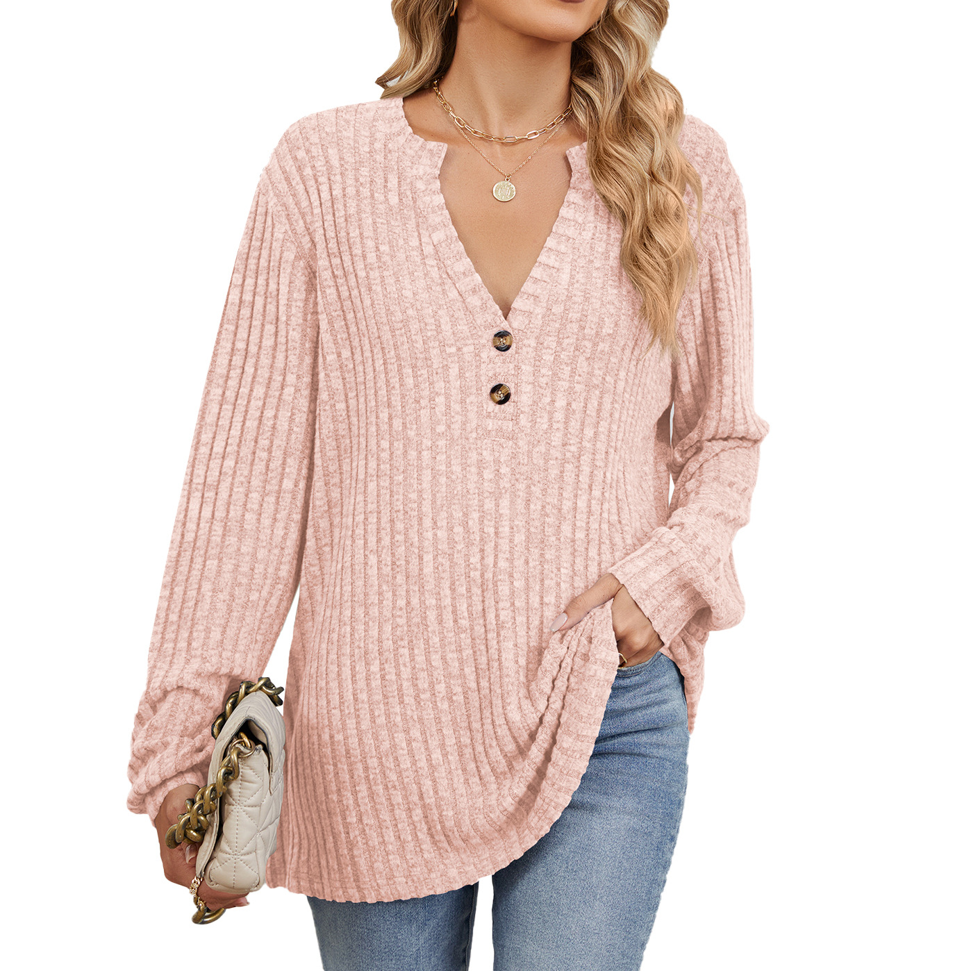 2024 New loose V-neck button-up long sleeve