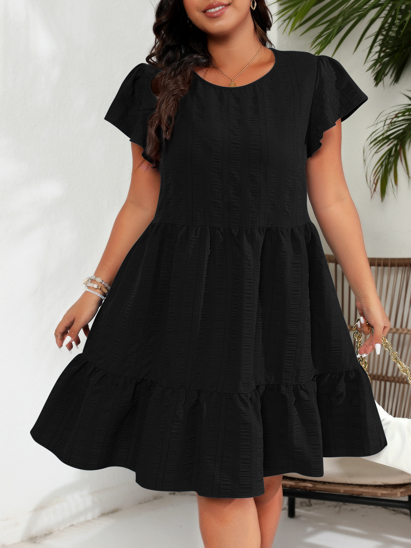 Plus-Size Round Neck Dress With Lotus Sleeves