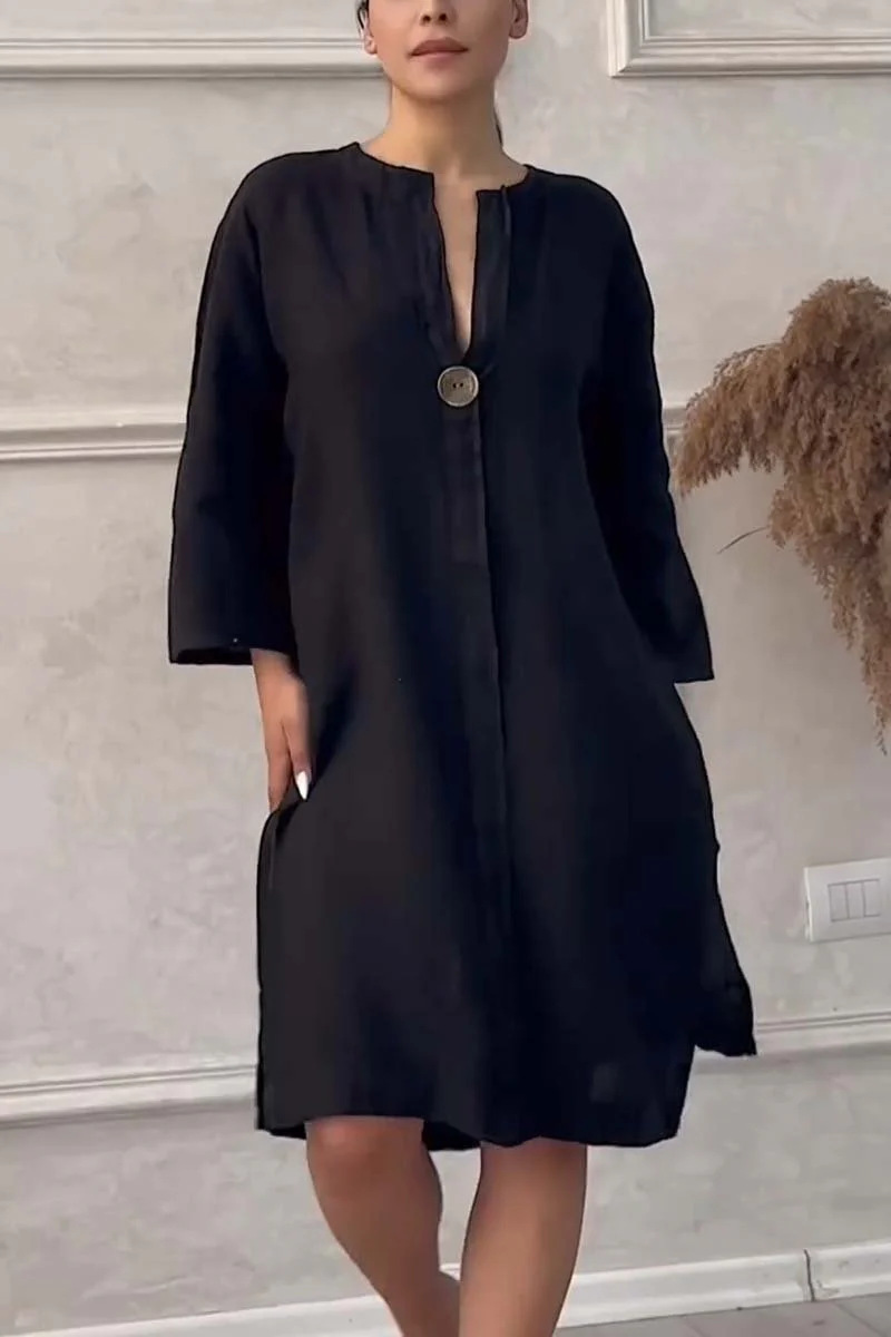 V-neck cotton and linen dress