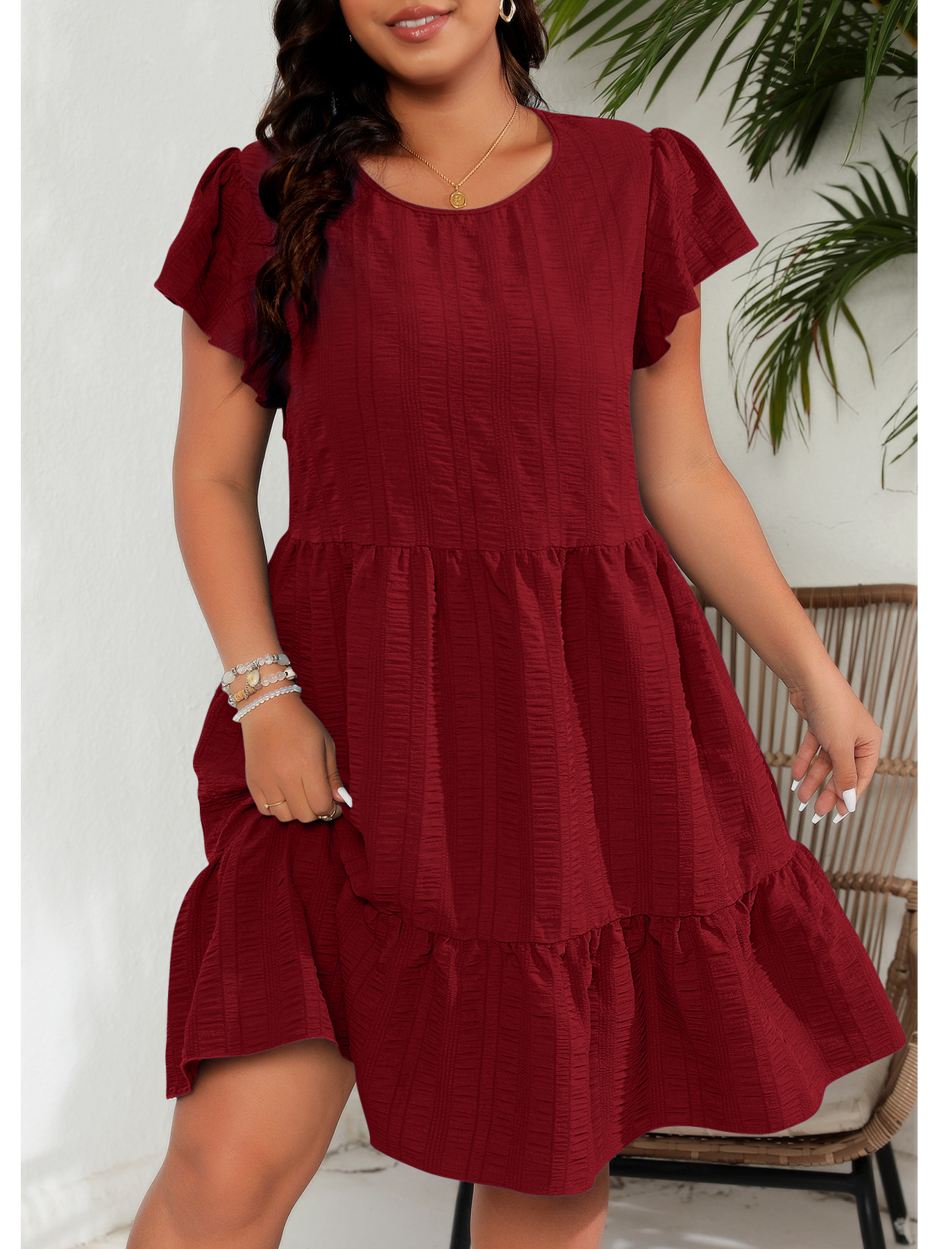 Plus-Size Round Neck Dress With Lotus Sleeves