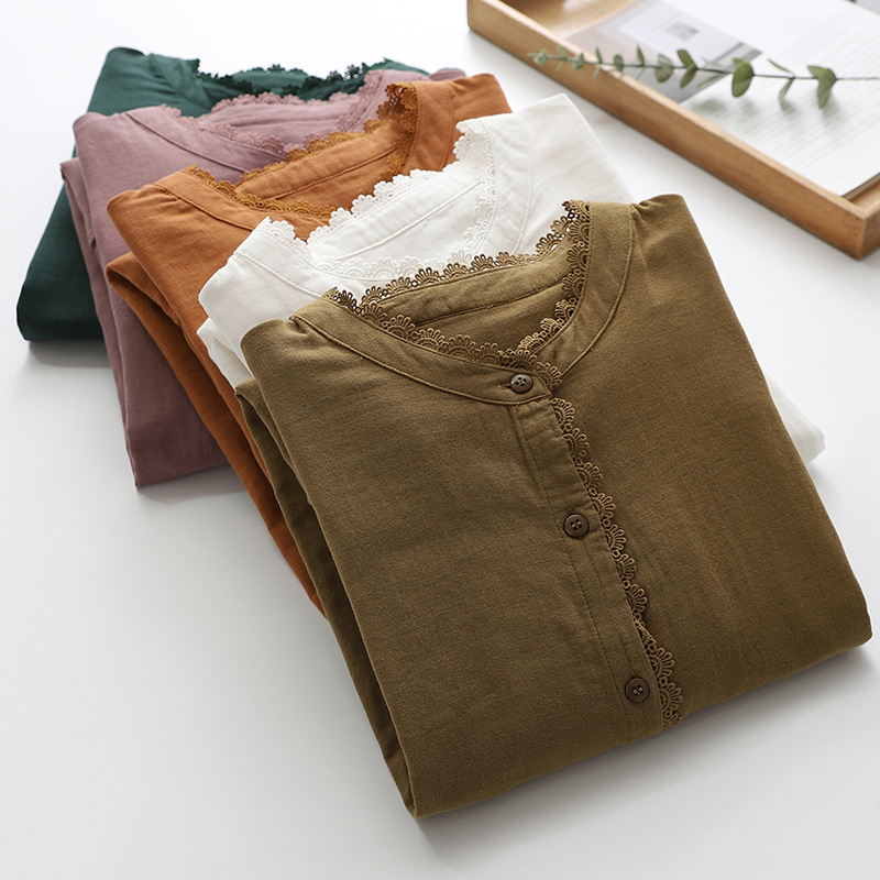 Double Cotton Stand Collar Lace Shirt