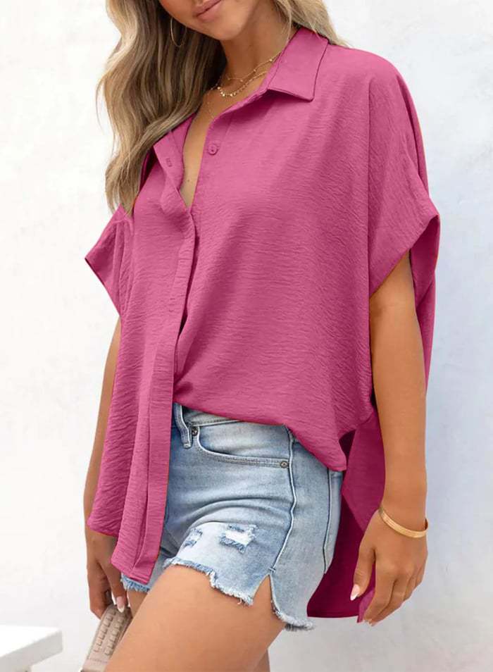 2025 new solid color casual button short-sleeved women's shirt