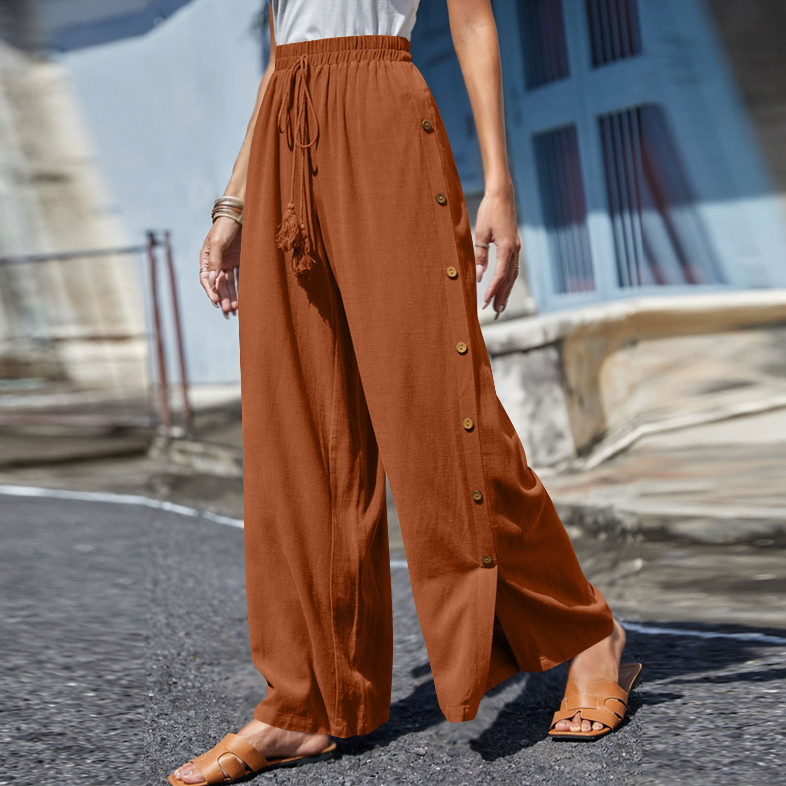 Solid color elastic-waist lace-up baggy wide-leg pants