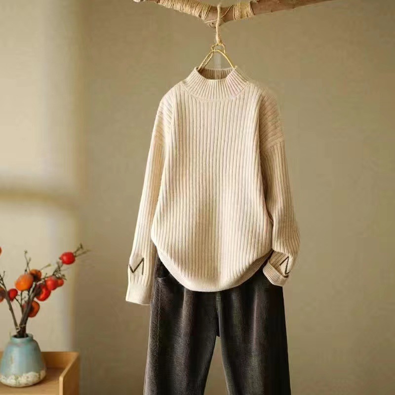 Round Neck Vertical Striped Skin Friendly Soft Cashmere Sweater