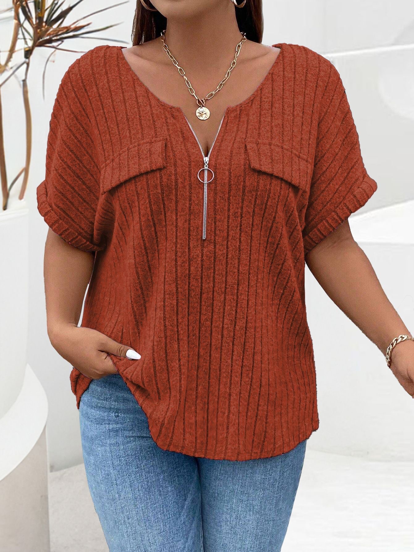 2025 Casual Plain Plus Size T-Shirt Ring Zipper