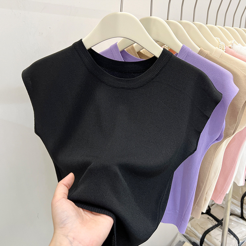 Casual Round Neck Knitted Ice Silk Sleeveless Top