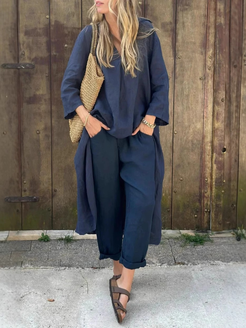 2-Piece Plus-Size Cotton And Linen Shirt Set