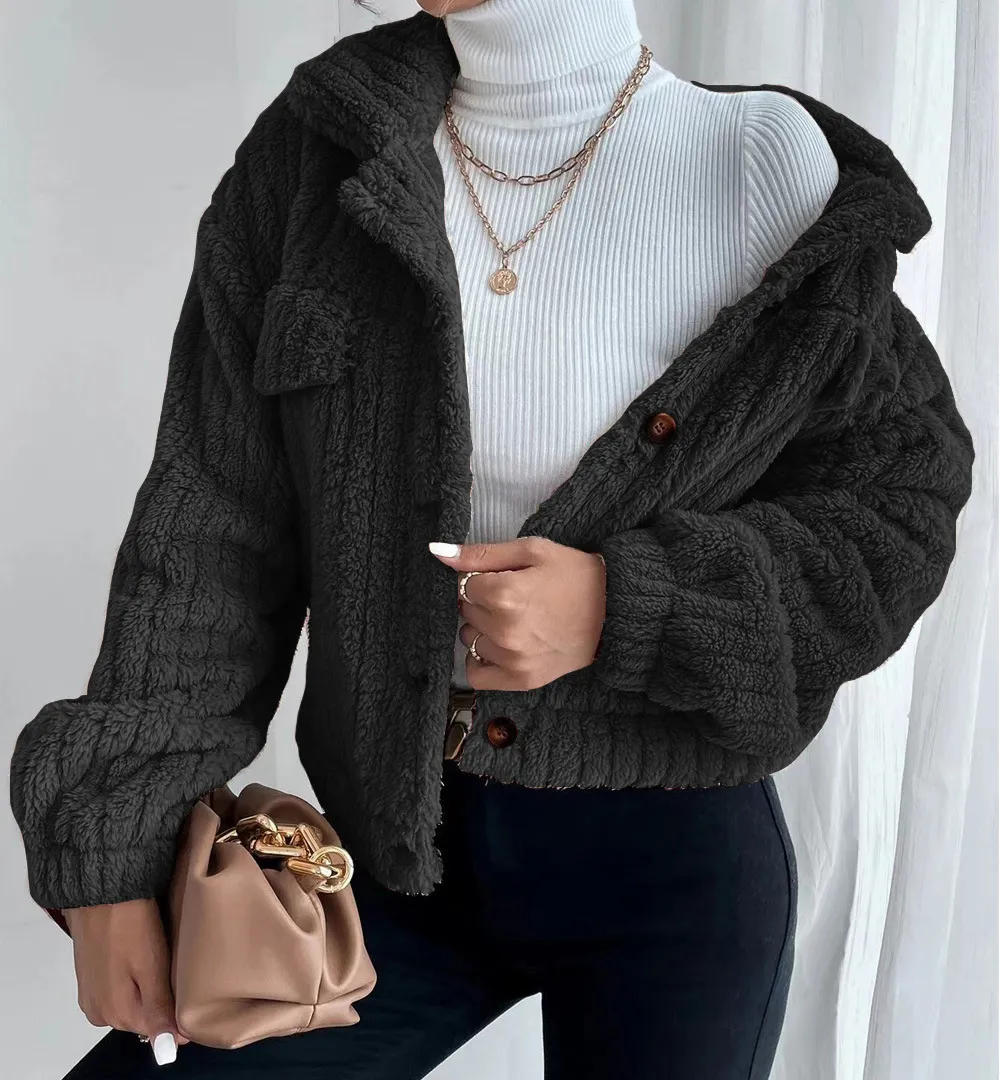 SHORT JACKET LAPEL ZIPPER WINTER COAT WARM PLUSH FLEECE ZIPPER CASUAL COAT TOP WITH POCKET