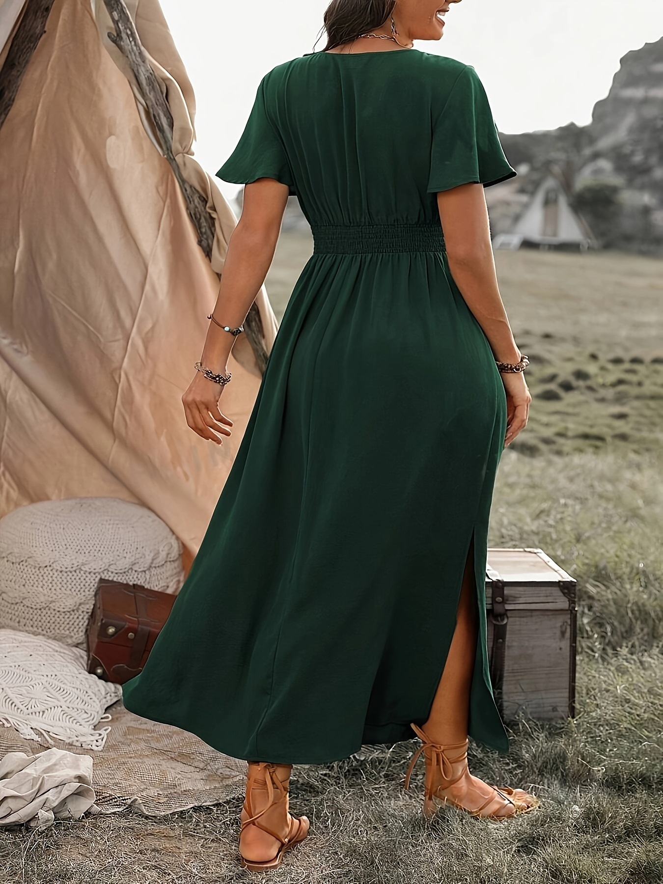 A V-Neck, Flared Sleeve And Slit Long Dress
