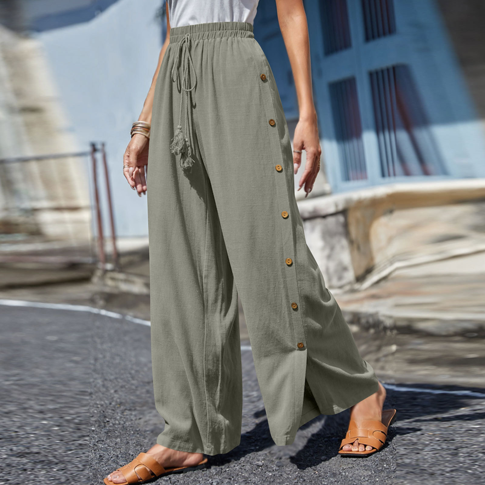 Solid color elastic-waist lace-up baggy wide-leg pants