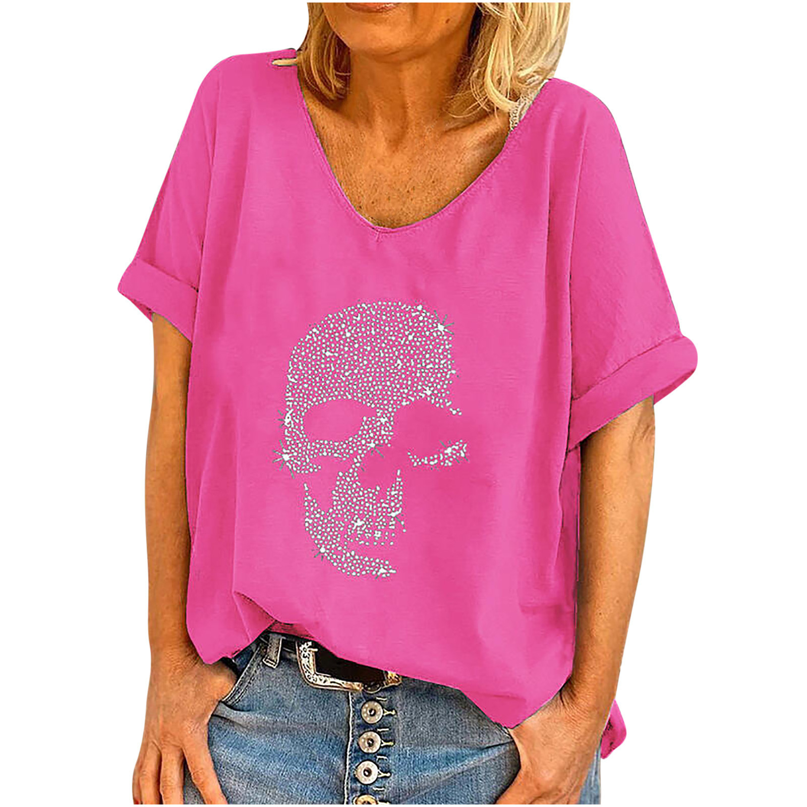 2024 spring new women's short-sleeved skull beaded T-shirt