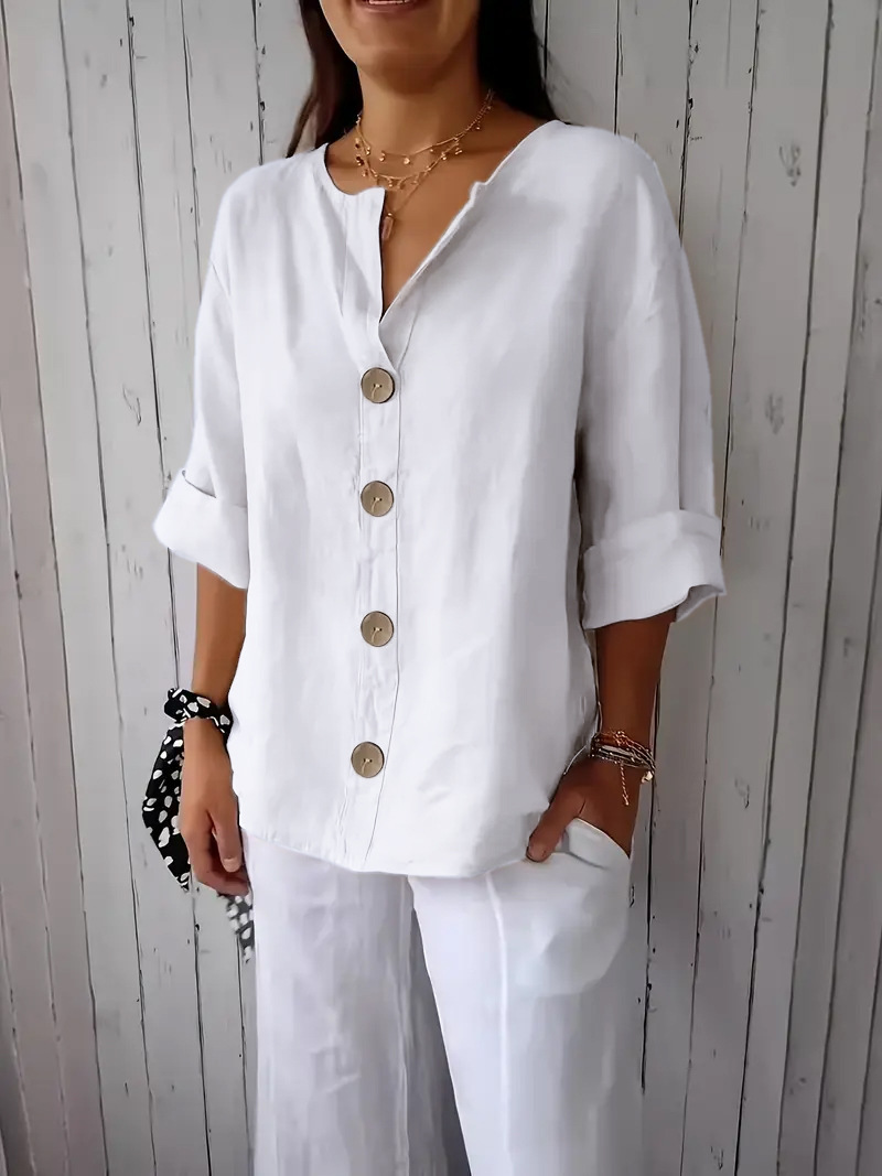 Loose V-Neck Cotton And Linen Button-Up Top