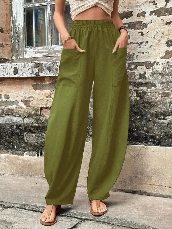 Casual Solid Color Elastic Pocket Pants