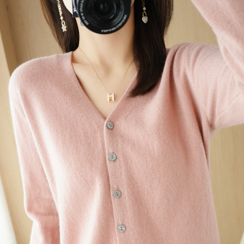 Women's Solid Color Long Sleeve Knitted  V-Neck Korean Style Cashmere Cardigan Jacket