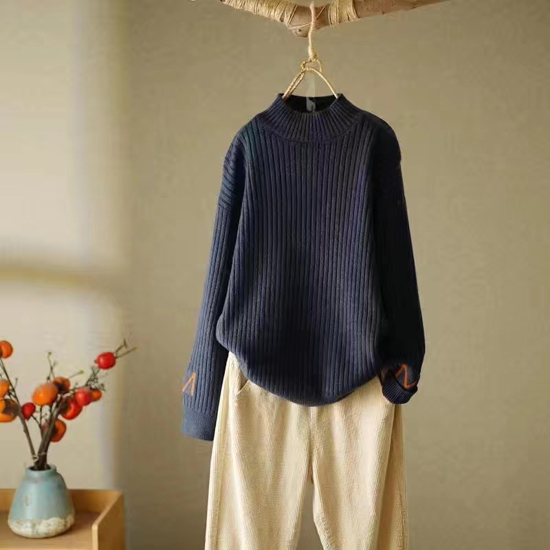 Round Neck Vertical Striped Skin Friendly Soft Cashmere Sweater