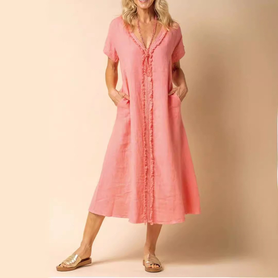 Cotton And Linen Casual V-Neck Pocket Dress