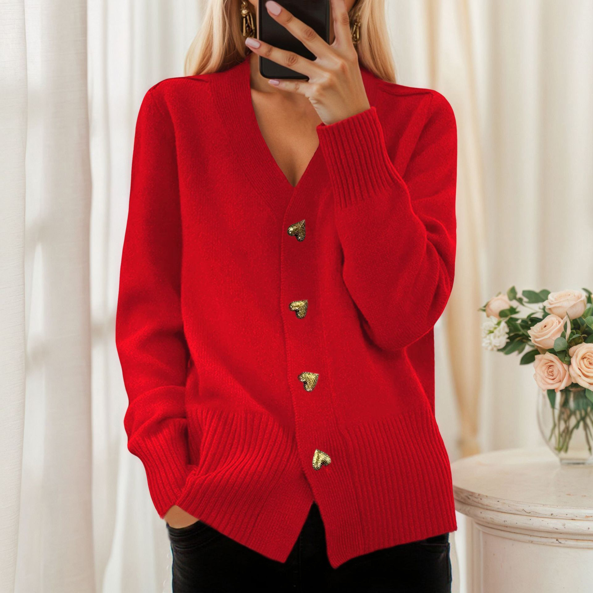 Women's Vintage Solid-Color V-Neck Cardigan With Heart-Shaped Buttoned Sweater Coat